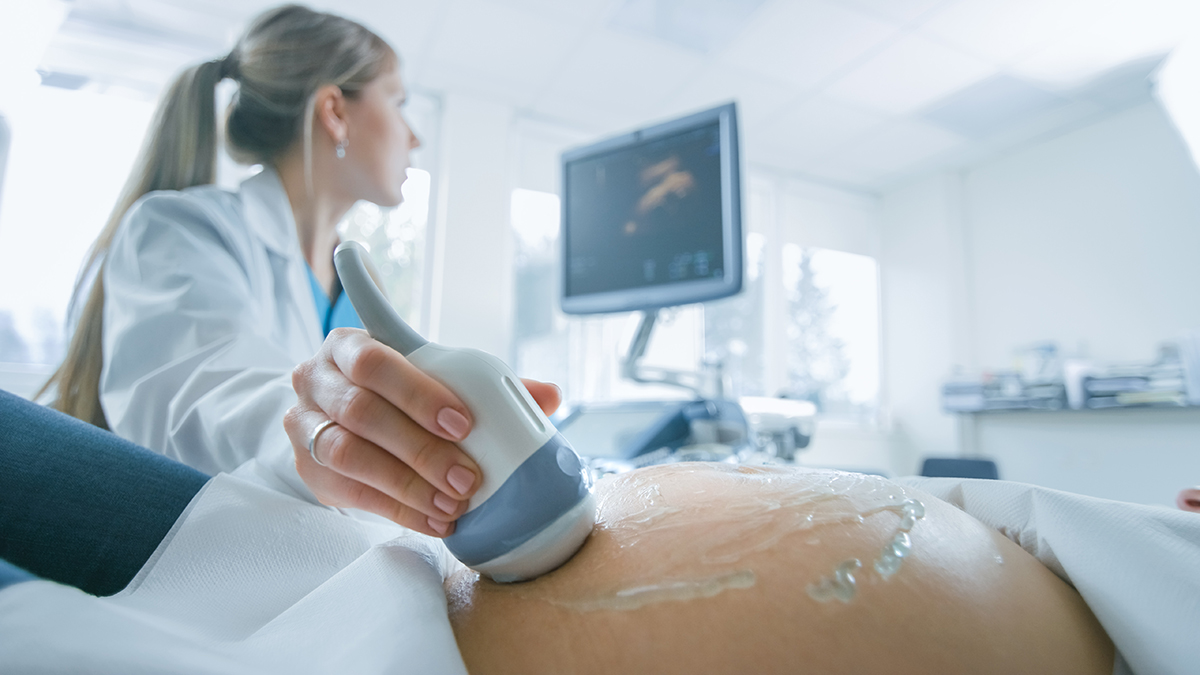 Young woman sonographer doing an ultrasound on a pregnant patient. Her attention is on the monitor with one hand on the transducer the other on the machine.