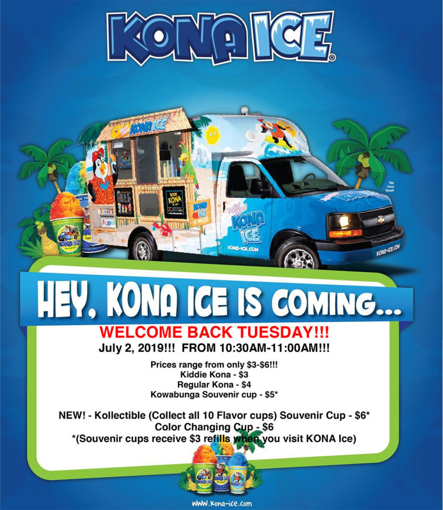 Welcome back Tuesday!
Start the Summer Term off with a bang (or brain freeze). Kona Ice will be here to welcome you all back for the Summer 2019 Term! Don't forget your Souvenir Cup to receive a refill for only $3!!