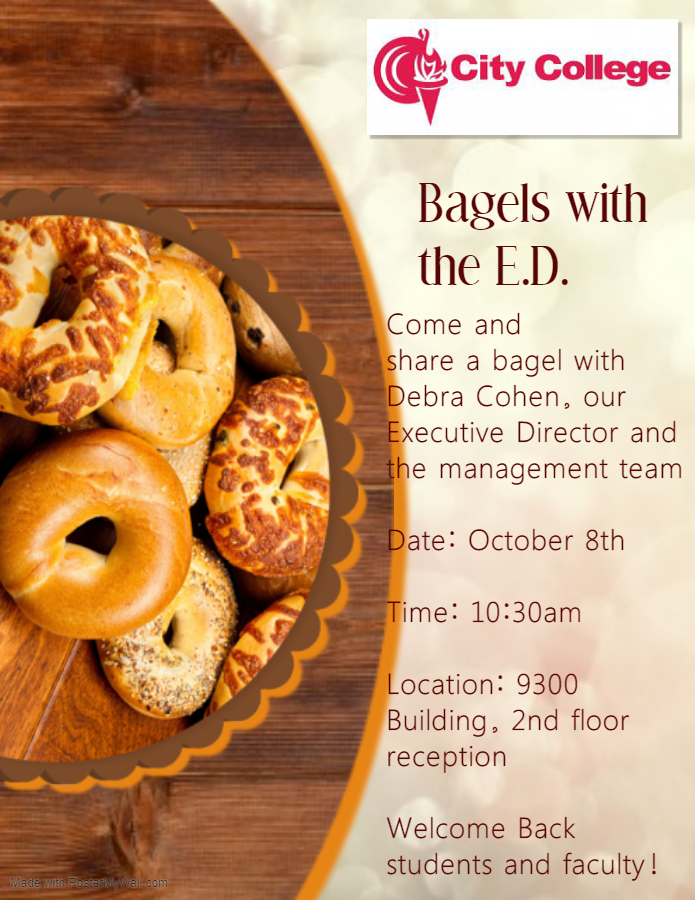 Welcome Back to students and faculty. Share a bagel with Debra Cohen and the City College-Miami campus management team.