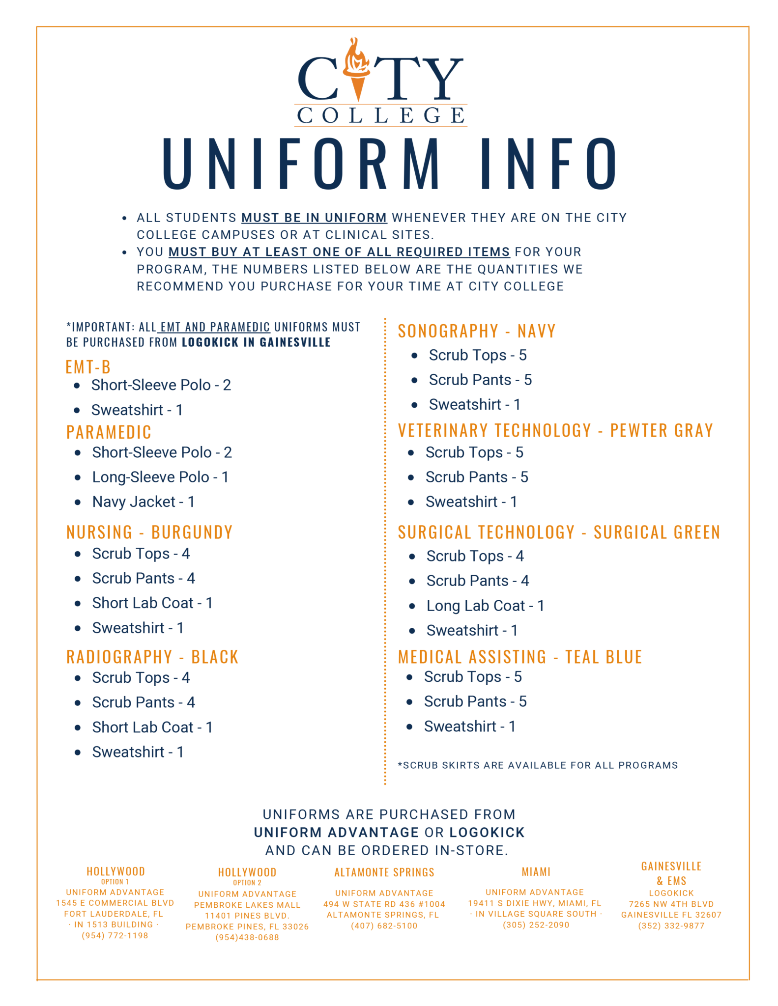 City College uniform specifications based on enrolled program.
